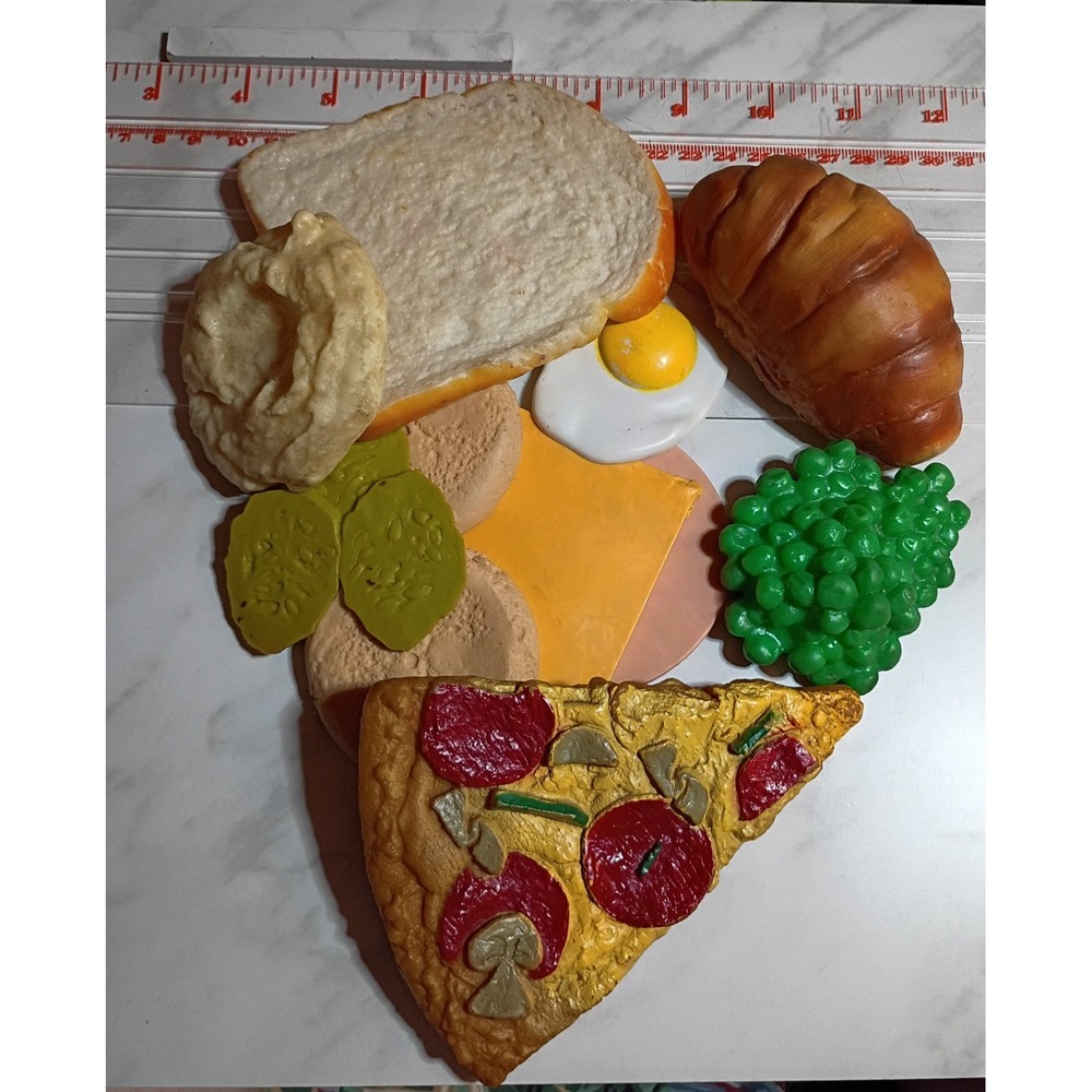 Vtg Play Food Lot 1987 1994 MTC EILS Pizza Croissant Bread Egg 11pc Toy Mixed